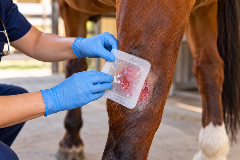 Veterinarian applying an advanced wound dressing to a horse's leg
