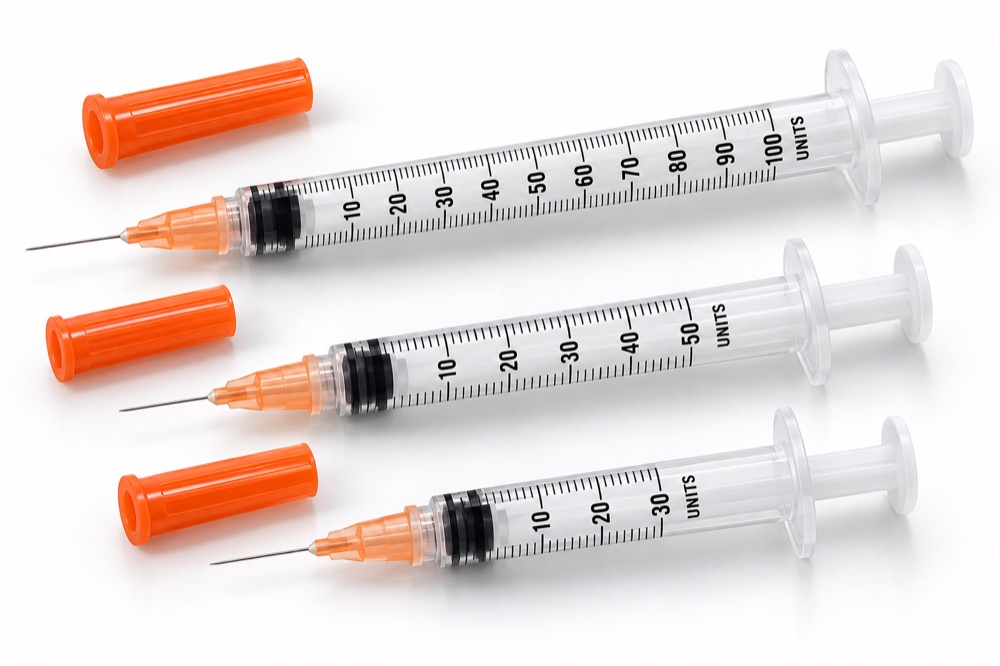 U-100 insulin syringes with orange needle caps in 1 mL, 0.5 mL and 0.3 mL sizes