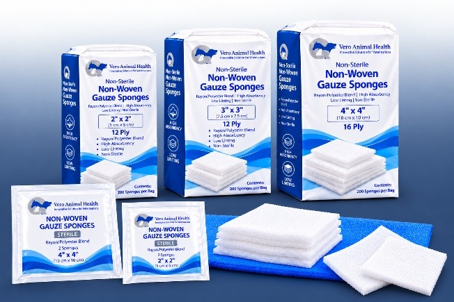 Vero Animal Health non-woven all-purpose sponges in non-sterile bags of 200 and sterile packs of 2