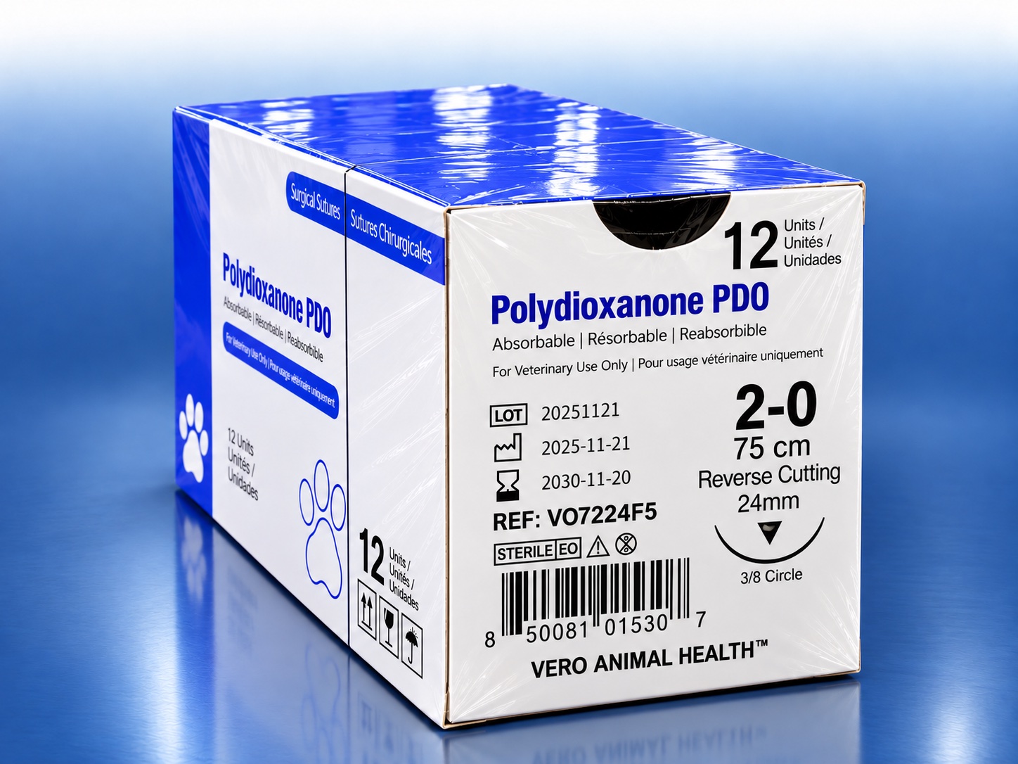 Polydioxanone 2-0 suture box, REF VO7224F5, Vero Animal Health