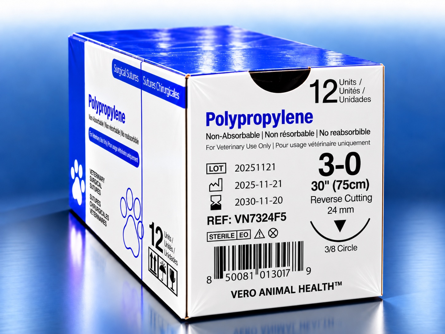 Polypropylene 3-0 suture box, REF VN7324F5, Vero Animal Health