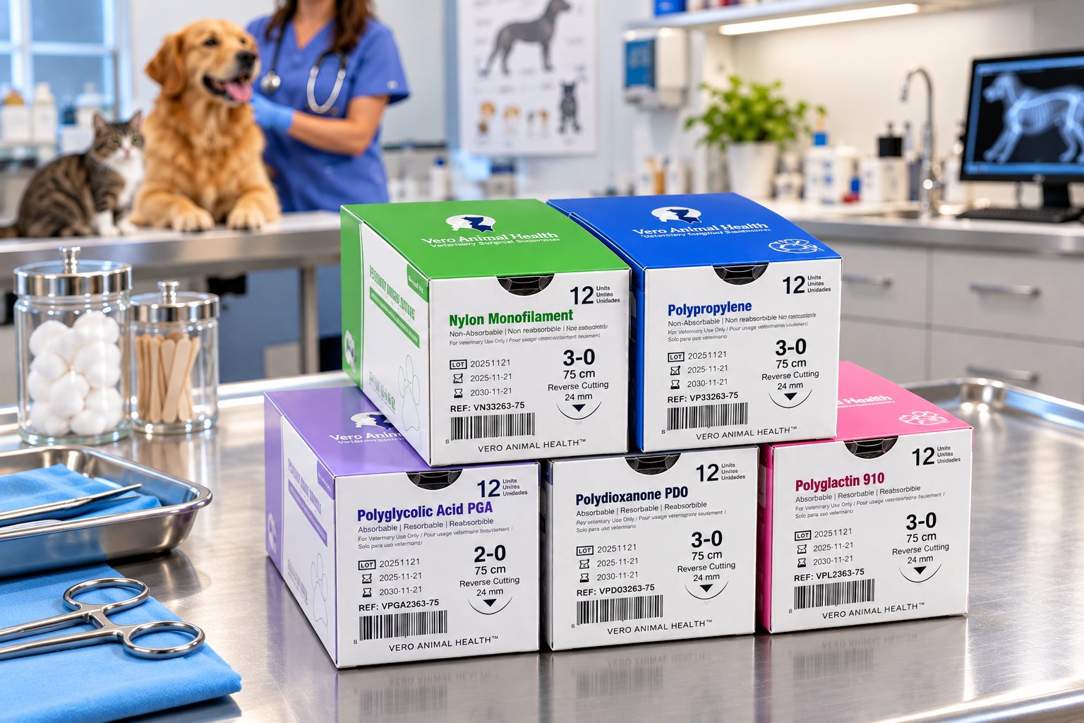 Vero Animal Health absorbable and non-absorbable suture boxes on a veterinary clinic table