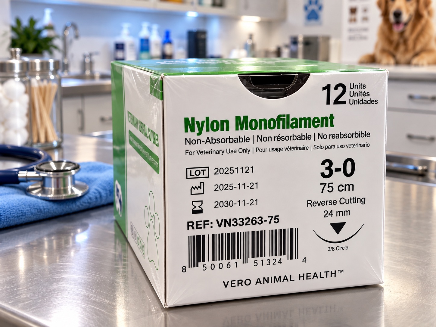 Vero Animal Health Nylon Monofilament suture box on a veterinary exam table with a dog in the background