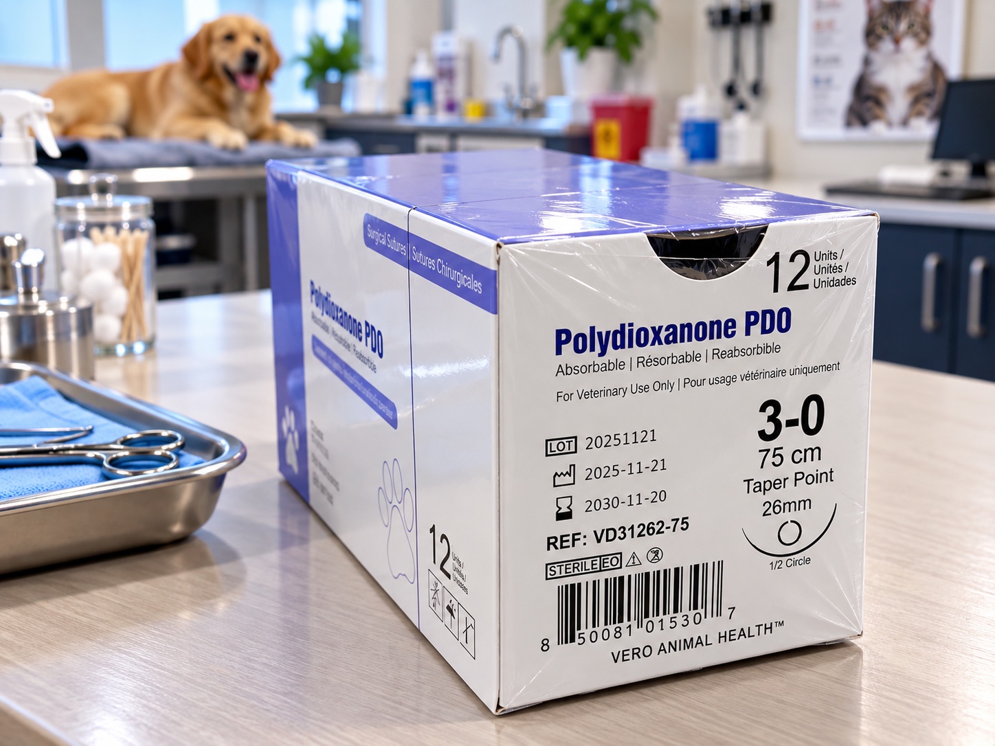 Vero Animal Health Polydioxanone PDO suture box on a veterinary exam table with a dog in the background