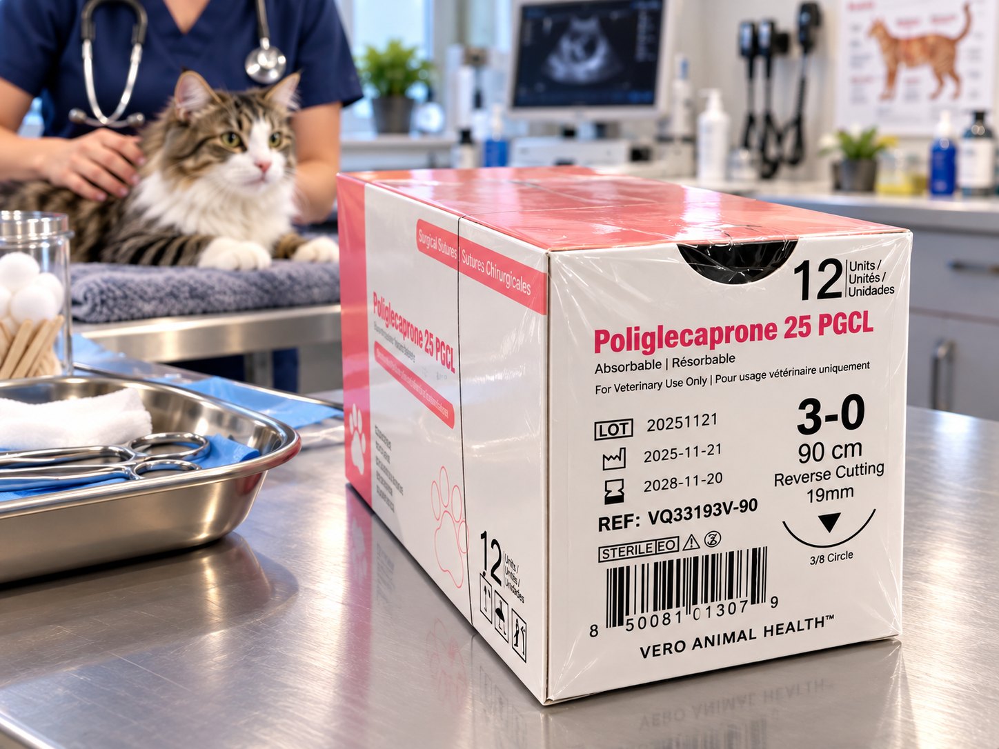 Vero Animal Health Poliglecaprone 25 PGCL suture box on a veterinary exam table with a cat in the background