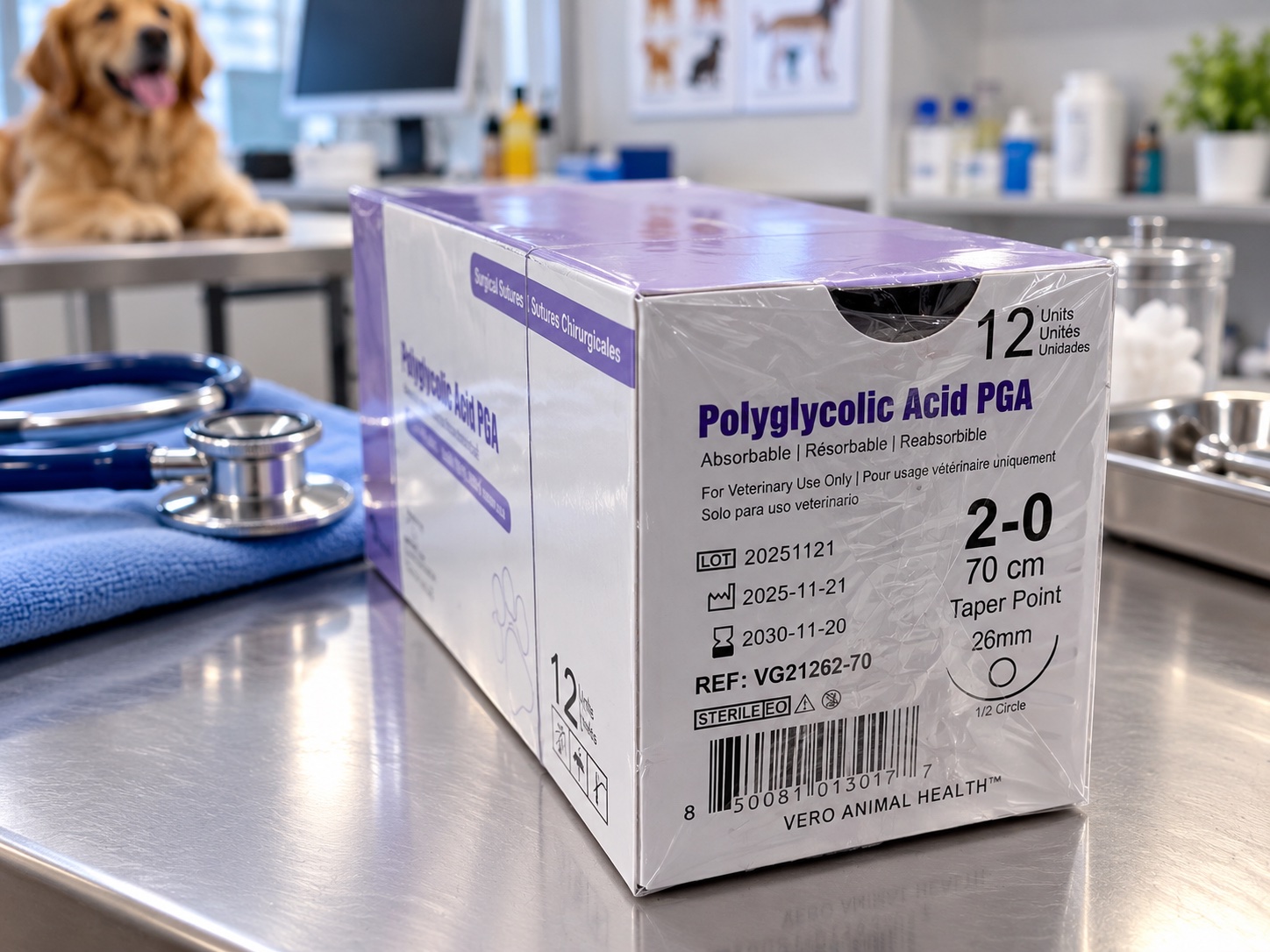 Vero Animal Health violet braided absorbable suture box on a veterinary exam table with a dog in the background