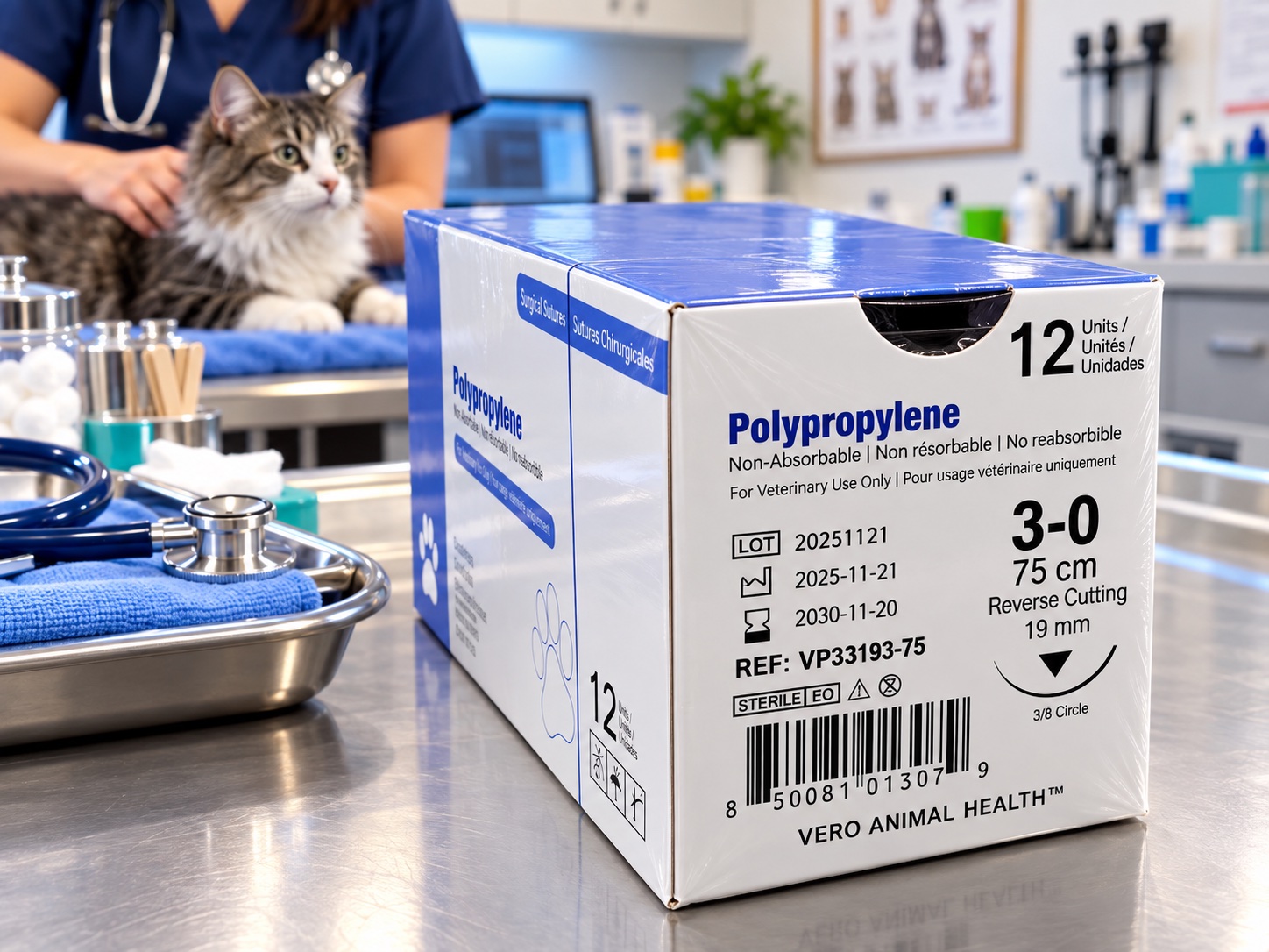 Vero Animal Health Polypropylene suture box on a veterinary exam table with a veterinarian and a cat in the background