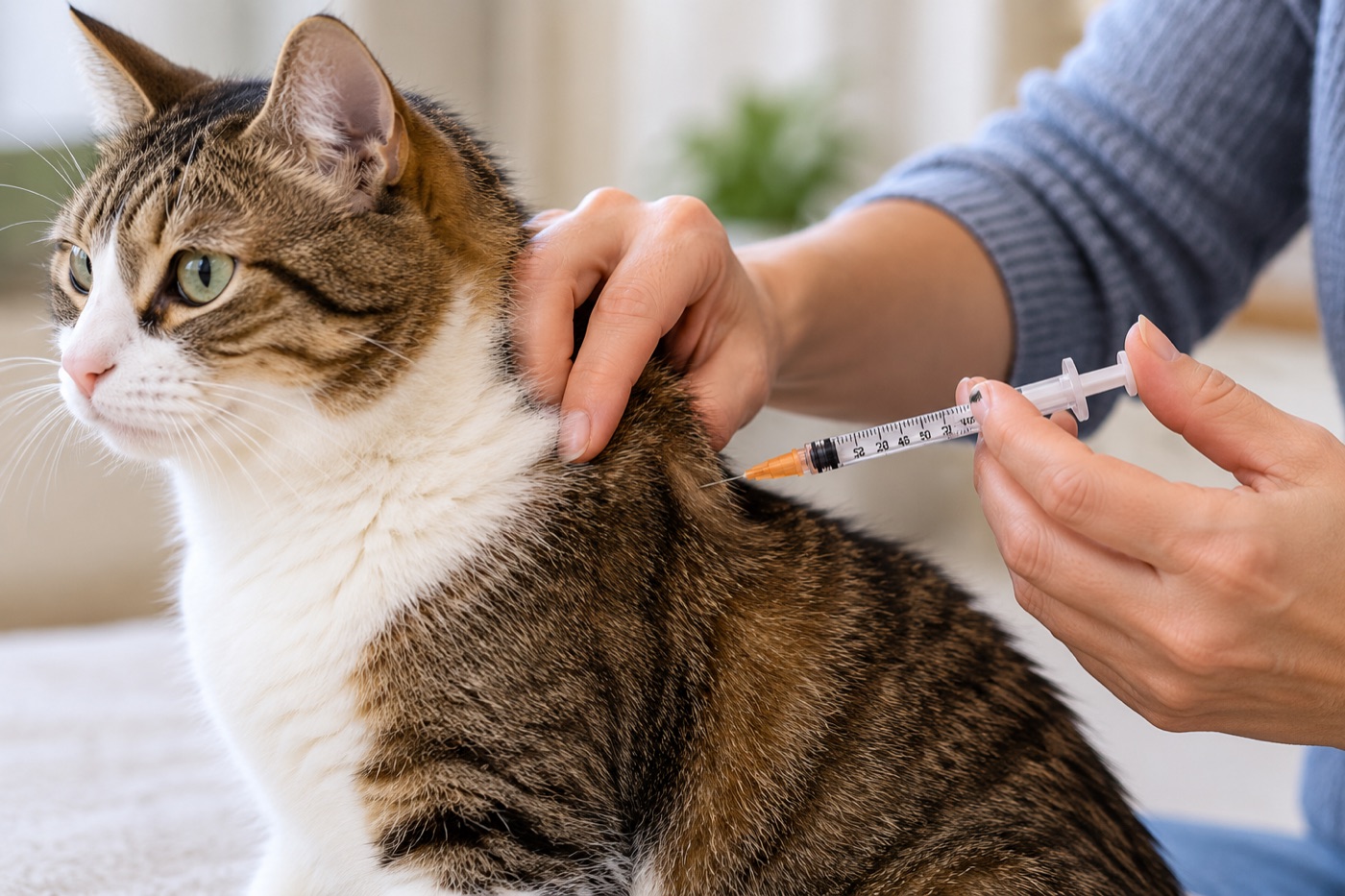 Veterinary professional giving an injection to a cat