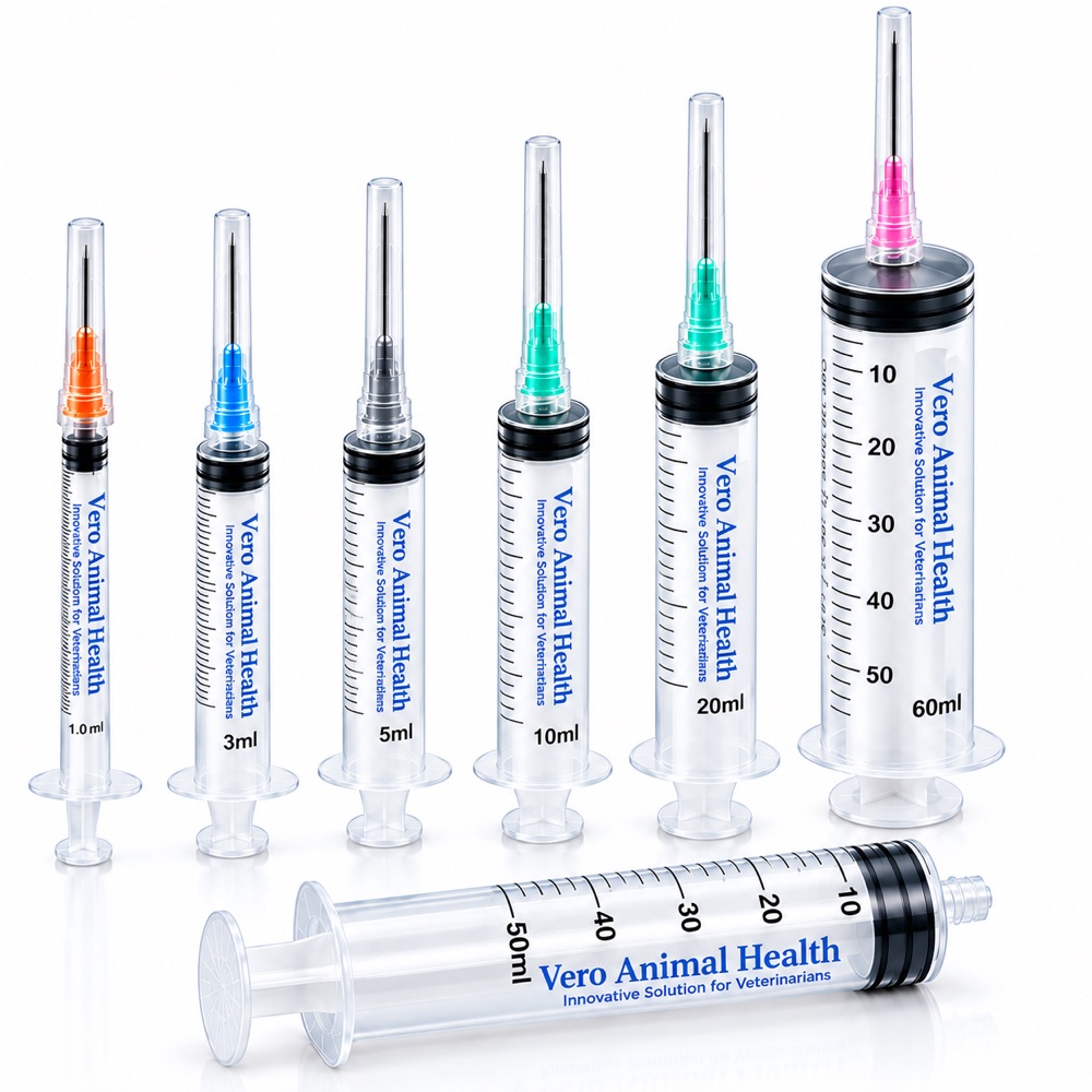 Range of Vero Animal Health syringes from 1 mL to 60 mL with colour-coded needles