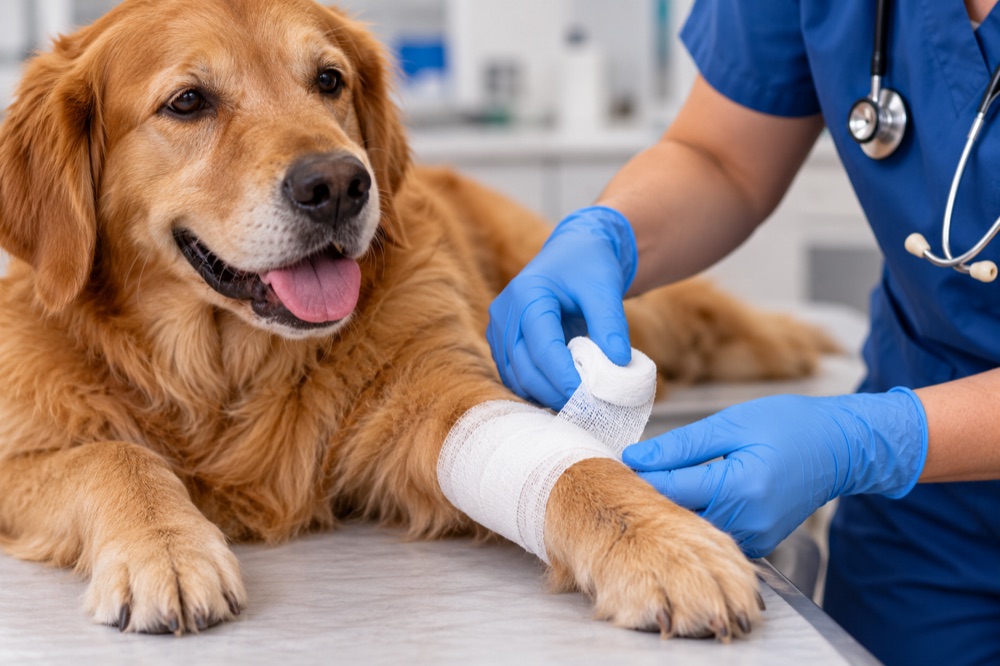 Veterinarian wrapping a golden retriever's foreleg with gauze
