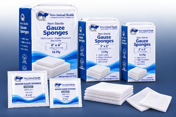 Vero Animal Health woven cotton gauze sponges in non-sterile bags of 200 and sterile packs of 2